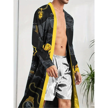 Men's Long Robe Quick Drying Spring and Autumn Home Trend Fun Digital Printed Nightgown for Leisure and Entertainment.
