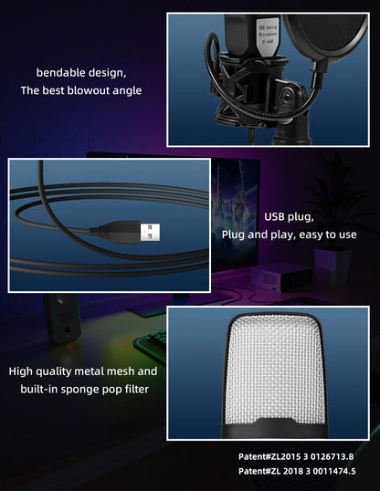 Gaming Computer Professional Condenser Microphone Mic PC Laptop USB Wired Live Streaming Podcast Studio Mike Kit Gamer Karaoke