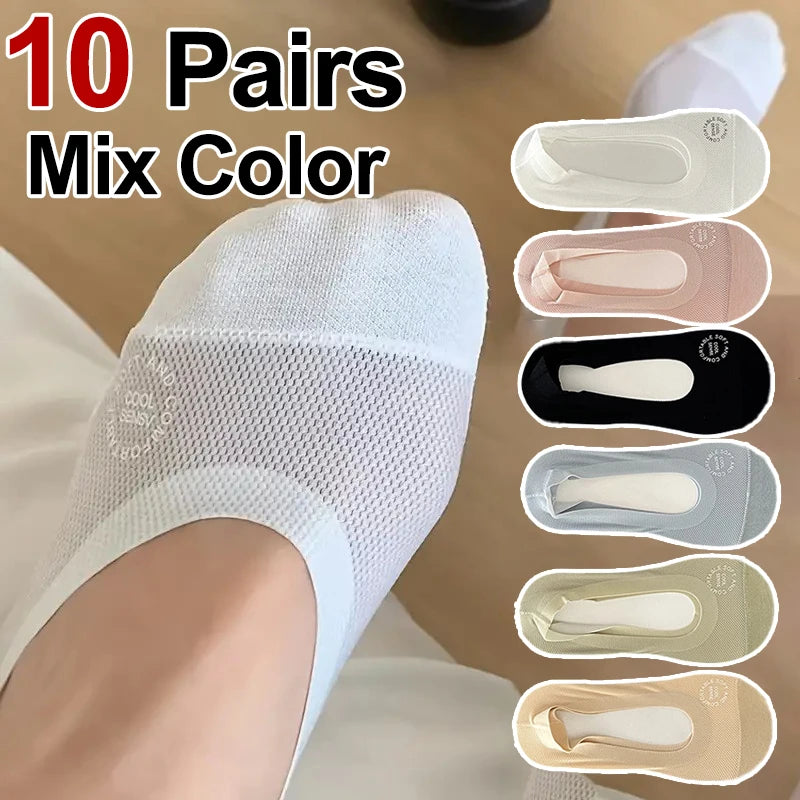 1/4/10 Pairs Women Breathable Mesh Invisible Socks Spring Summer Thin Soft Comfortable Silicone Anti Slip Cotton Casual Socks