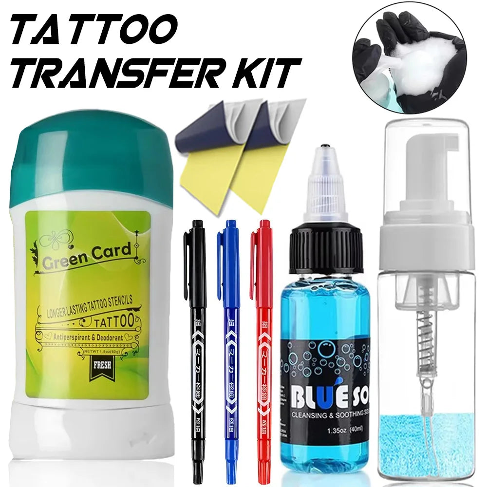 Tattoo Transfer Gel Kit with Blue Algae Soap Foam Bottle and Tattoo Transfer Paper Set for Tattoo Beginner Artist Accessories