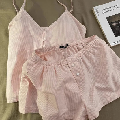 Women Summer Cami Shorts Pajama Set Girls Student Homewear Set Woman Casual Loungewear Suitable Outing Loose Sleepwear Ladies