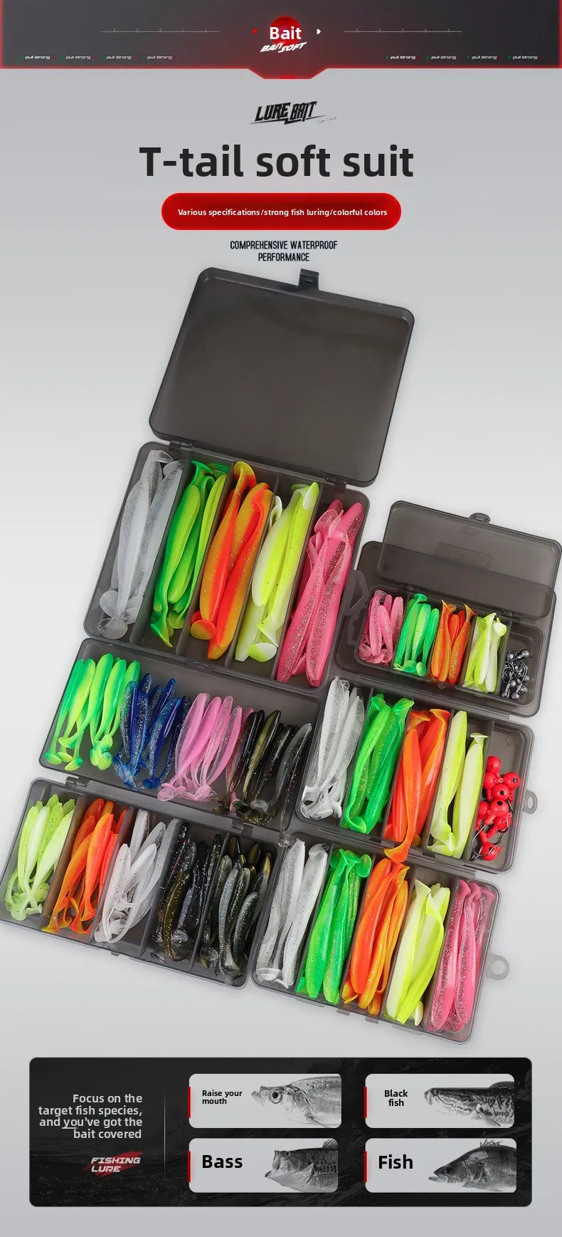 Soft Tail Bait Set Fake Bait 5.5/7/9/12cm Two-color Fishing Lure with Lead Head Hook for Angling