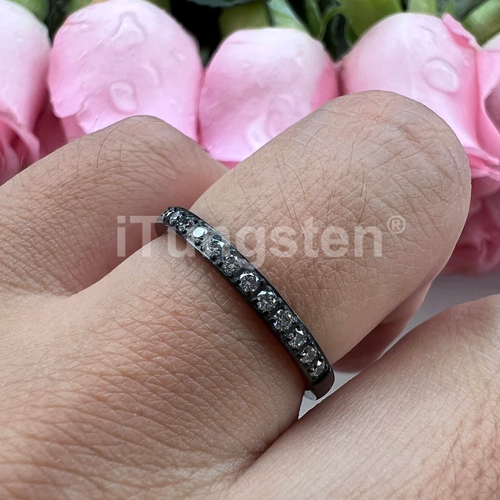 ITungsten 2/3/4mm Men Women Titanium Princess Cubic Zirconia CZ Inlay Ring Nice Eternity Engagement Wedding Band