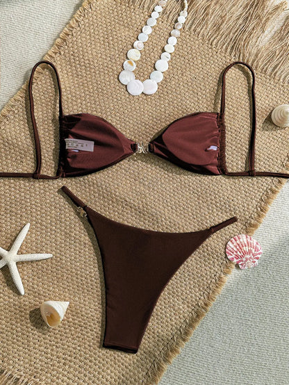 Sexy Solid Color Swimsuit Women' Swimwear 2026 New Bandeau Bikinis Rings Bikini Bandage Beachwear Two Piece Bathing Suit