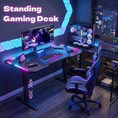Electric Height Adjustable Gaming Desk With RGB LED Strip Lights, Built-In Cup Holder Headset Hook Ergonomic Computer Game Table with Carbon Fiber Surface, 2 Memory Positions and 3 Sizes