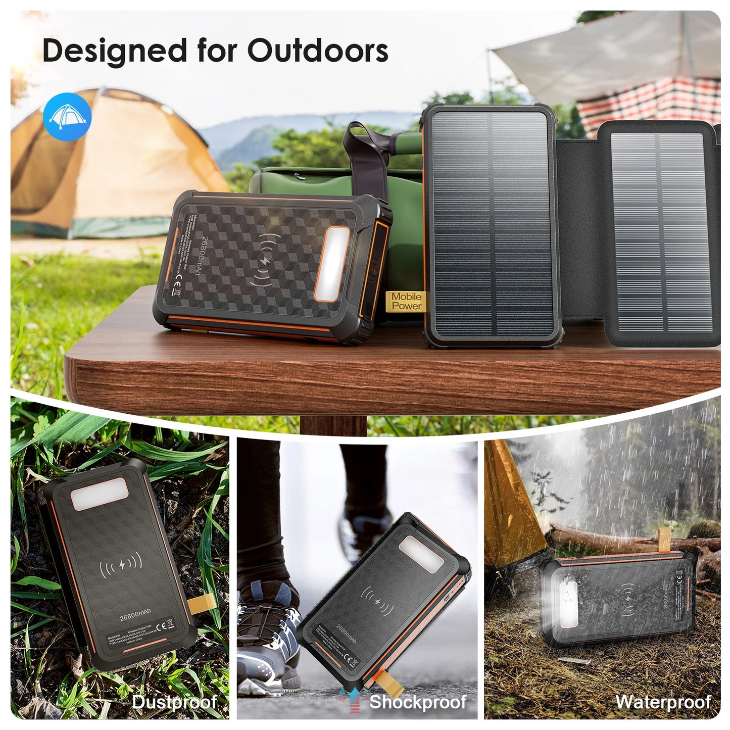 26,800 MAh Fast Solar Charger QC PD 22.5 W Solar Power Bank, 3 Outputs 4 Foldable Panels Charges External Battery, Camping Light