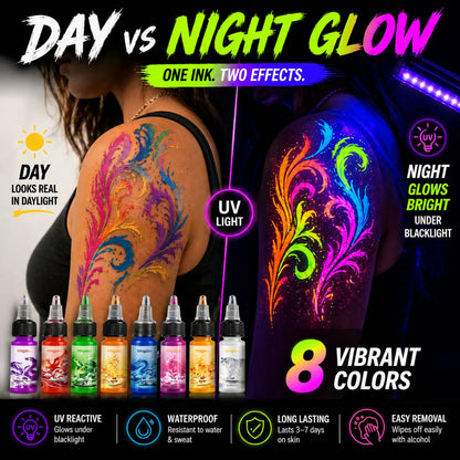 UV Airbrush Tattoo Ink 15ml Fluorescent Body Paint for Festival Waterproof Temporary Tattoo Last 3–7 Days Skin Safe Easy Removal