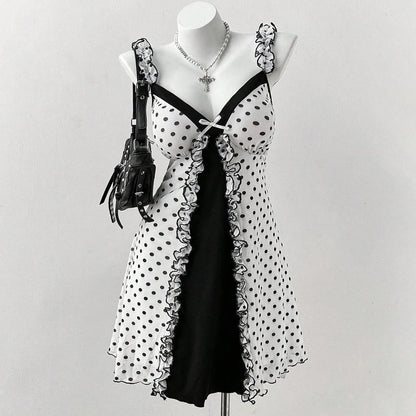 Plus Size Y2K Polka Dot Dress, Ruffle Trim Bow Front Cami Mini Dress, Sexy Sweet Coquette Style Party Dress for Women