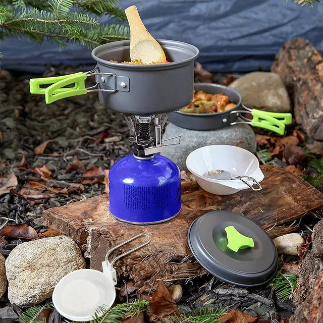 Campingkokset 9-delar – Non-Stick Aluminium, Kastrull, Panna, Skålar & Förvaringsväska, Ljusgrön