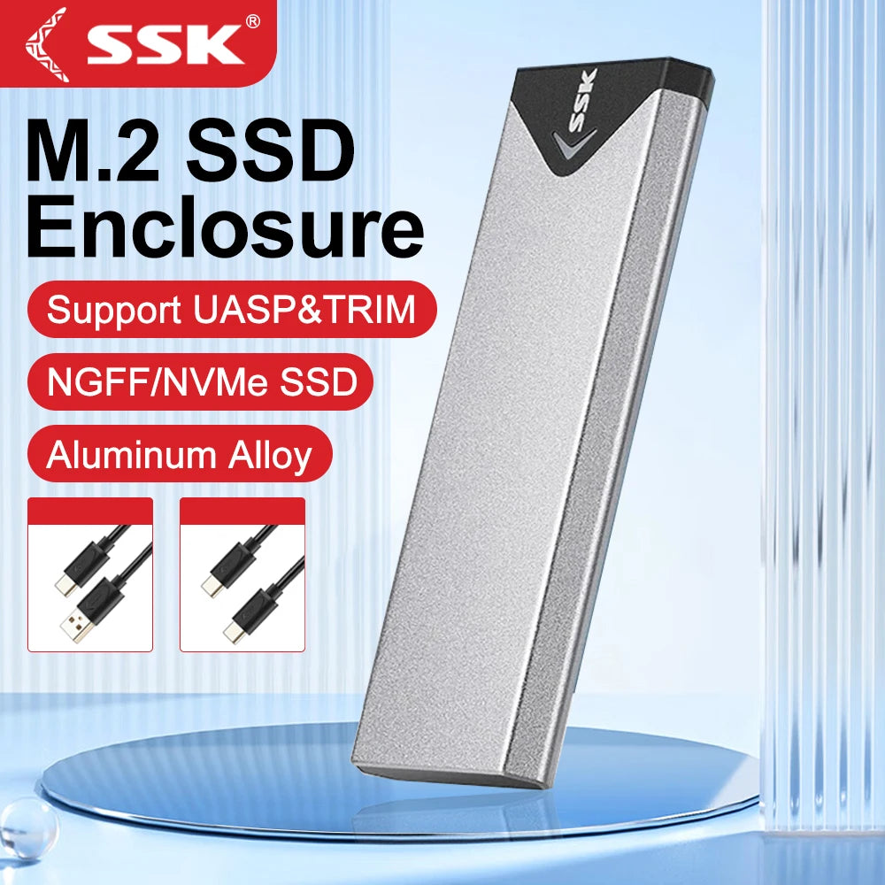 SSK M.2 NVME SATA SSD Enclosure Adapter USB 3.2 10Gbps Aluminum Enclosure External Hard Drive Case Support UASP Trim for PC Case