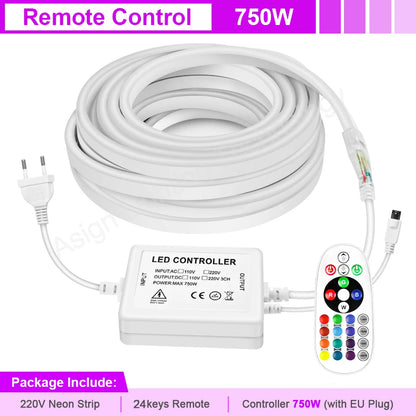 220 V RGB LED-neonlist IP65 med fjärrkontroll, Bluetooth eller Tuya WiFi, 1–100 m