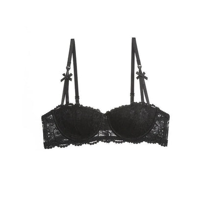 KUCLUT Jacquard lace big bow half-cup bra set, thin cotton cup breathable new small-bust push-up bra