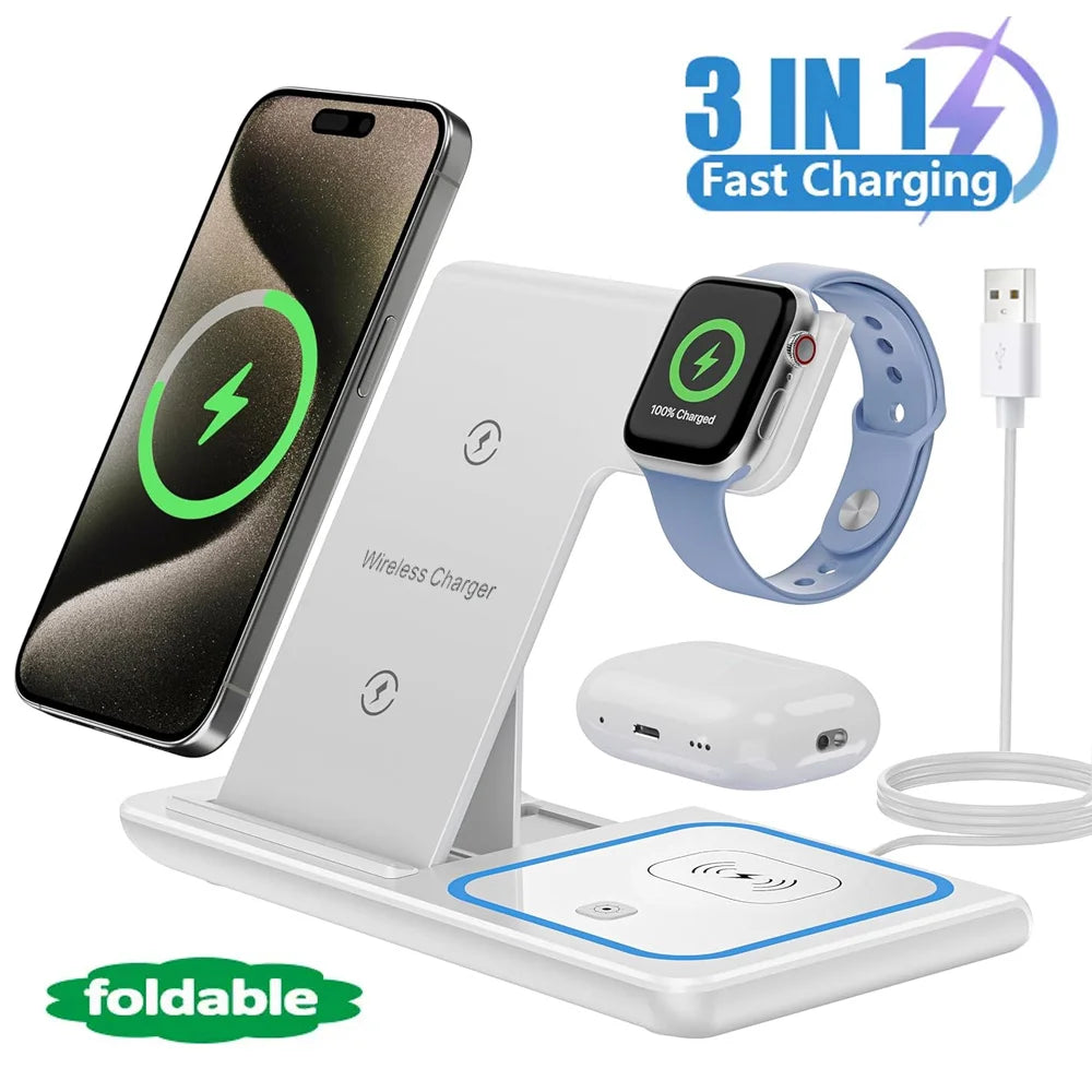 LED Snabbt Trådlöst Laddningsställ 3 i 1 Vikbar Laddstation för iPhone och Apple Watch