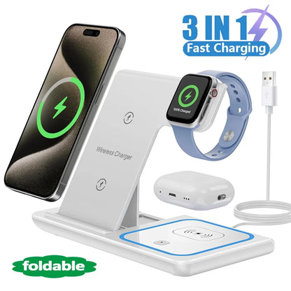 LED Snabbt Trådlöst Laddningsställ 3 i 1 Vikbar Laddstation för iPhone och Apple Watch