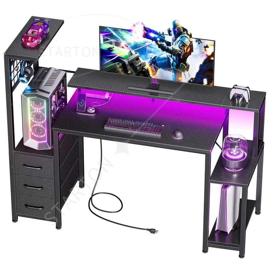 48 Inch Gaming Desk with LED Lights Power Outlets,Computer Desk with Fabric Drawers Side Hook,Reversible Gamer Table