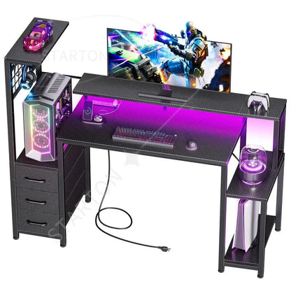 48 Inch Gaming Desk with LED Lights Power Outlets,Computer Desk with Fabric Drawers Side Hook,Reversible Gamer Table