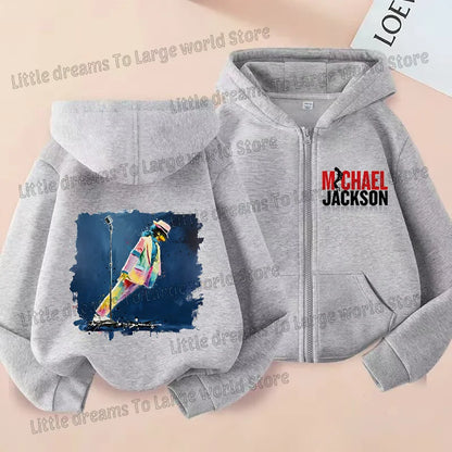 Michael Jackson Thin Long Sleeve Zipper Jacket Boys Hooded Clothes Autumn Spring Singer MJ Zip Up Streetwear with Pocket Tops