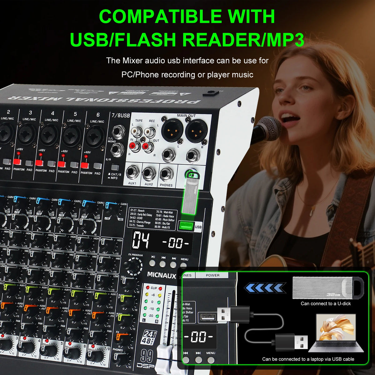 FULUODE X1-seriens ljudmixer med Bluetooth och 99 DSP-effekter