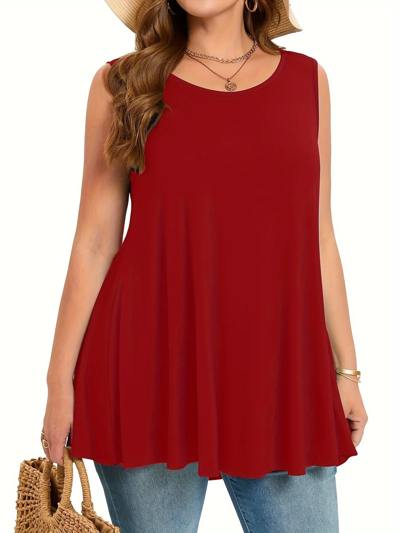 Plus Size Simple Solid Tank Top Casual Crew Neck Sleeveless Tank Top For Summer Women's Plus Size Clothing