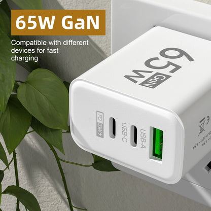 65W GaN-laddare med 3 Portar – USB-C PD och QC 3.0, Kompatibel med iPhone, Samsung och Xiaomi