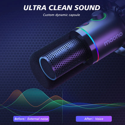 MAONO PD200XS USB/XLR Dynamic Microphone with Shock Mount Boom Arm Stand Maonolink Gain Knob RGB Light for PC Gaming Recording