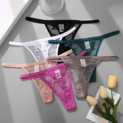 FINETOO Women Sexy Lace Thong Low Waist Hollow Out G-String Female Seamless Transparent T-Back Underwear Solid Intimates Panties