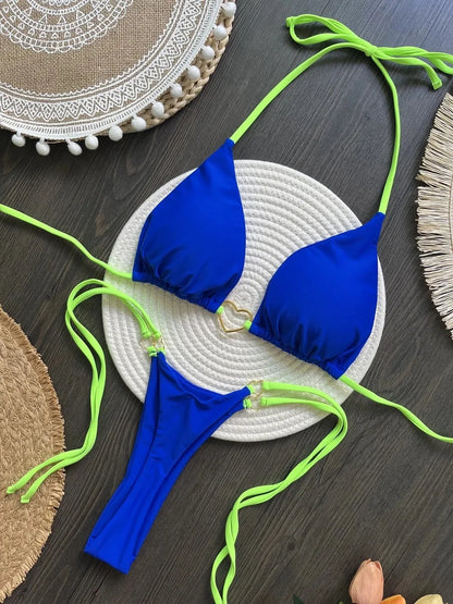 Sexy Halter Solid Color Low Waist Bikini Set Women's Swimsuit Two-piece Triangle Thong Swimwear Bathing Suit Brazilian Biquinis