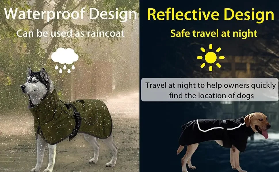 ATUBAN Dog Jacket Waterproof Dog Raincoat Cold Weather Reflective Jacket with Soft Fleece Lining Warm Outerwear for Pet Outdoors