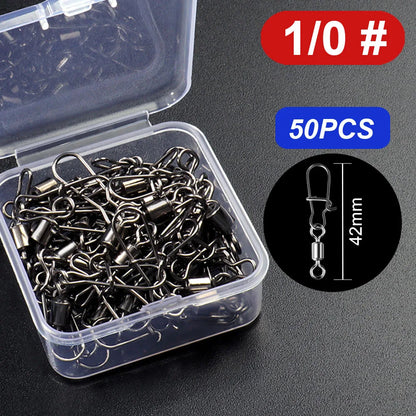 50pcs/box Swivel Snap Connector Pin Rolling Ring Fishing Tackle Box Buckle Hook Lure Kit Wire Rotate Bearing Pesca Tool Gear