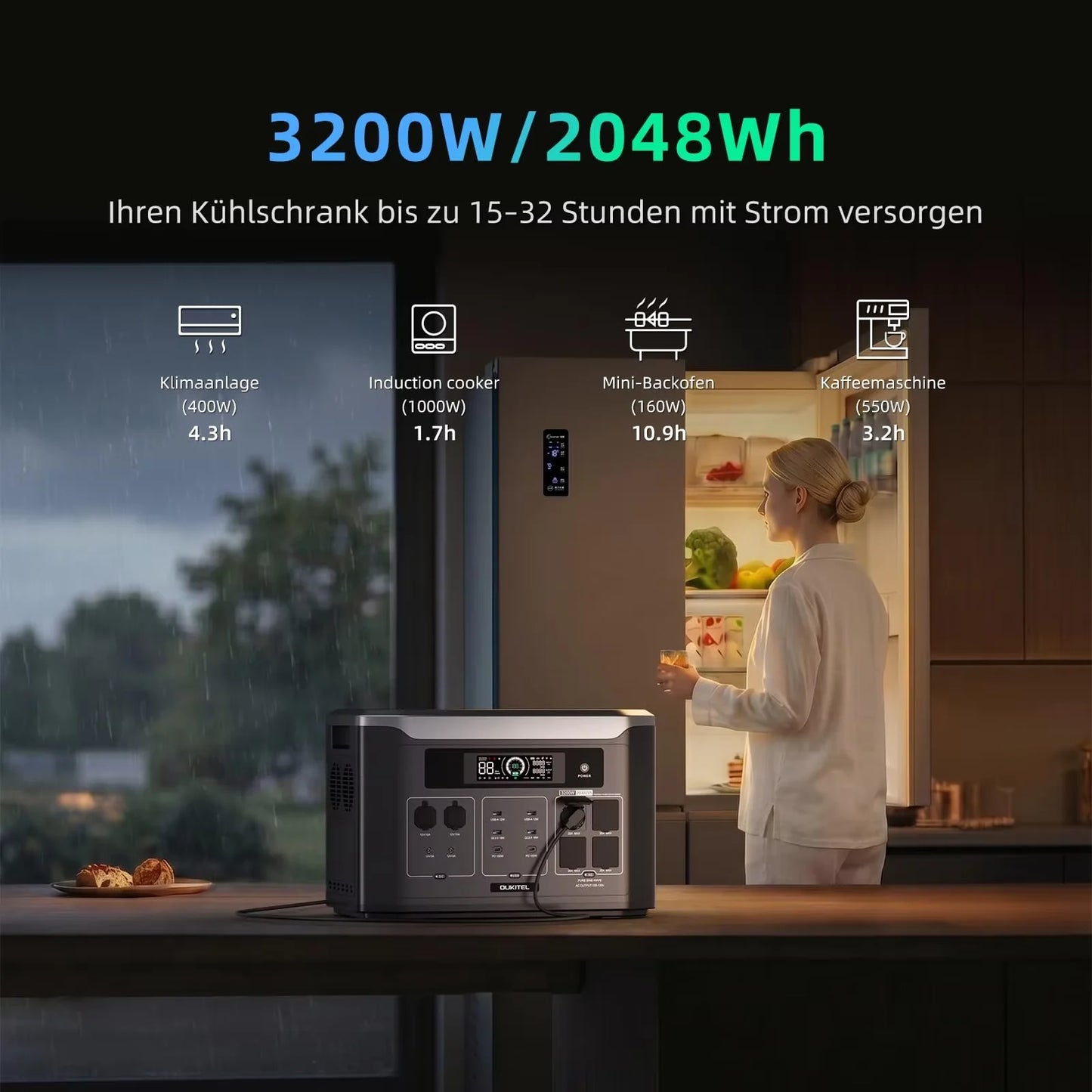 OUKITEL BP3000E Portabel Kraftstation – 2048Wh, 3200W Ren Sinusvåg, LiFePO4, UPS, 220V EU, Sol & Väggladdning