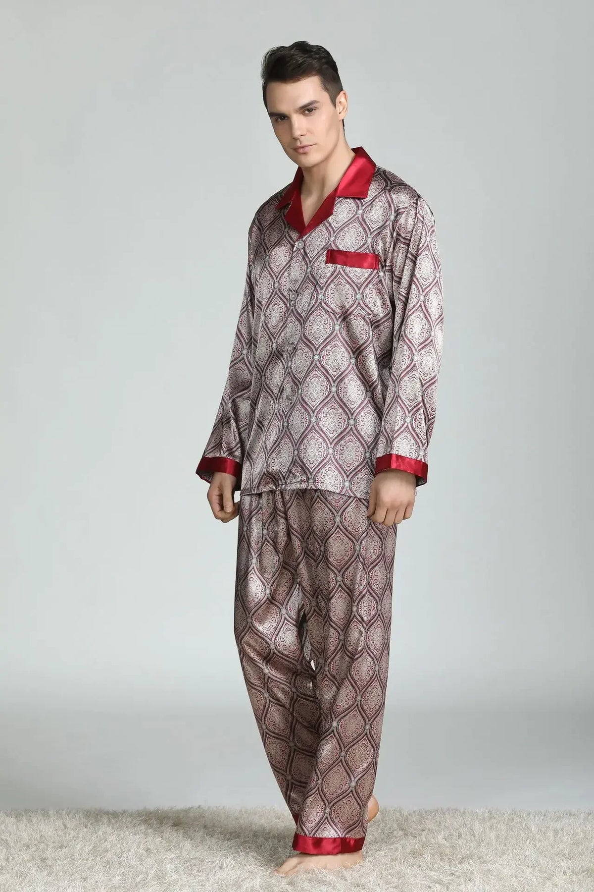 Pyjamasset herr med satinkänsla – långärmad överdel och långbyxor, L–3XL