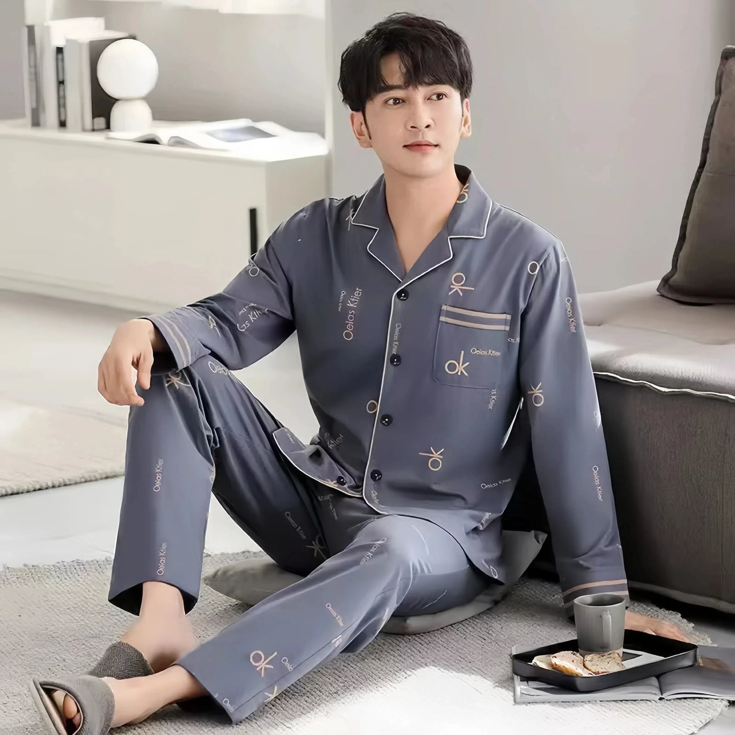 Casual Spring and Autumn Pajamas for Men, New Versatile Cardigan Long-Sleeved Long Pants Set, Simple and Stylish, Plus-Size Loungewear