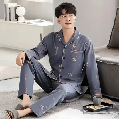 Casual Spring and Autumn Pajamas for Men, New Versatile Cardigan Long-Sleeved Long Pants Set, Simple and Stylish, Plus-Size Loungewear
