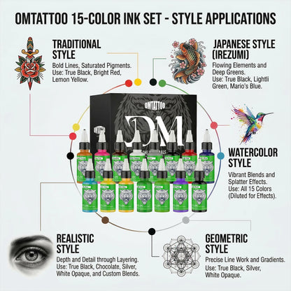 DM Tattoo Ink 15 Color 1OZ/Bottle Natural Plant Extract Pigment Body Painting Long Lasting No Color Loss Professional Tattoo Ink
