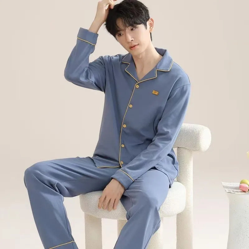 Herr Pyjamas Set Vår & Höst – Långärmad Ledig Enfargad Molnbomull 2-delad, 9 Färger L–3XL