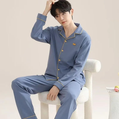 Herr Pyjamas Set Vår & Höst – Långärmad Ledig Enfargad Molnbomull 2-delad, 9 Färger L–3XL