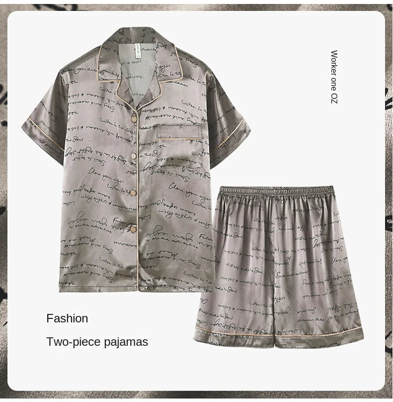 Fashion Summer Autumn 3 Piece Silk Men Pajamas Set Short Sleeve Shorts Oversize Homewear Lapel Collar Loungewear Pijamas for Man
