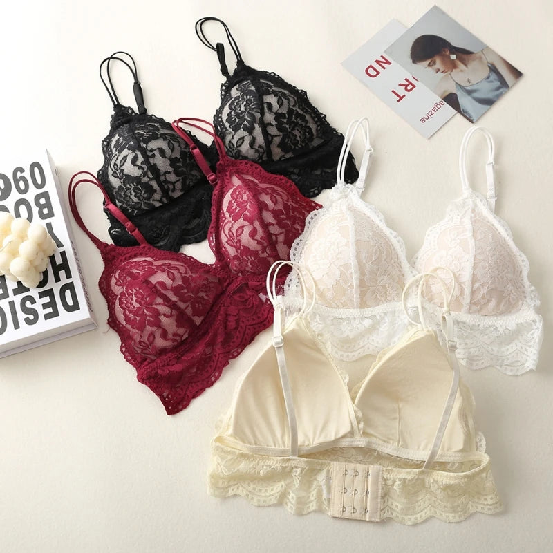 Lace Triangle Bralette Wireless Bra For Women Floral Lace Design Underwear Sexy Lingerie Lightly Lined Cup Small Chest Brassiere