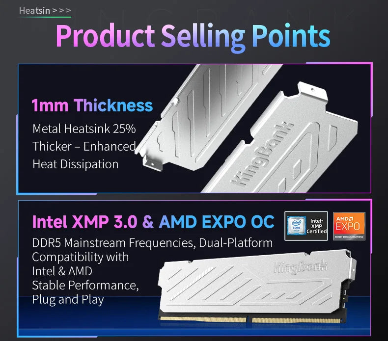 KingBank KJXS DDR5 RAM 8GB/16GB Kit (2x8GB) 6000MHz Desktop Memory CL36-36-36-80 XMP 3.0/AMD EXPO High-Speed Computer RAM
