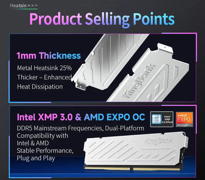 KingBank KJXS DDR5 RAM 8GB/16GB Kit (2x8GB) 6000MHz Desktop Memory CL36-36-36-80 XMP 3.0/AMD EXPO High-Speed Computer RAM