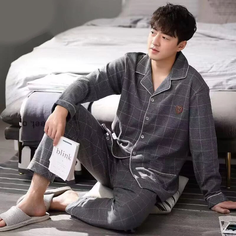 Herr Pyjamas Höst & Vinter – Bomull Långärmad Cardigan Plus Size Rutig 2-delad, Grön & Blå