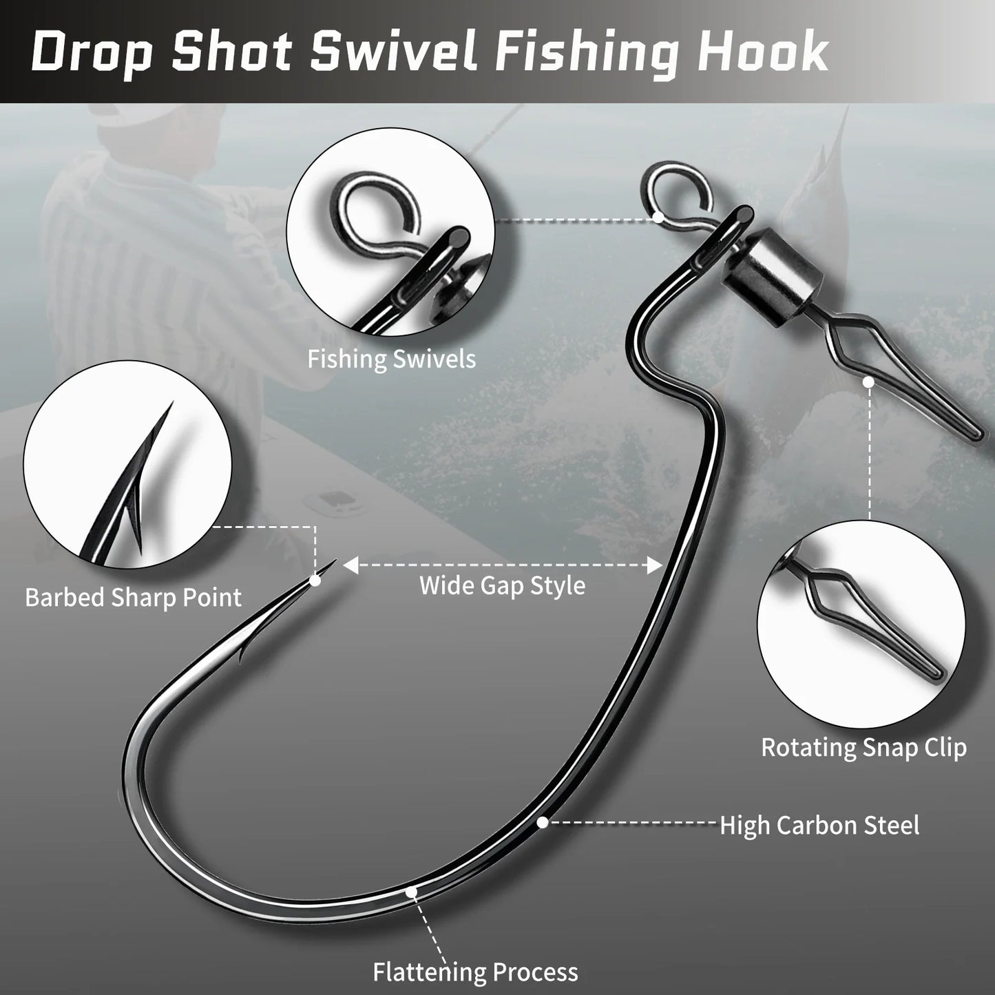 9KM 30Pcs Ewg Drop Shot Hooks with Swivels Bass Fishing Texas Rig Hooks Worm Fishing Hook High Carbon Steel