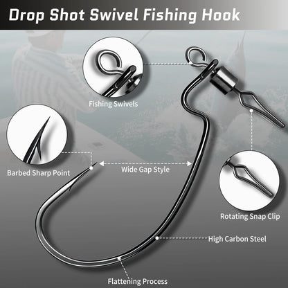 9KM 30Pcs Ewg Drop Shot Hooks with Swivels Bass Fishing Texas Rig Hooks Worm Fishing Hook High Carbon Steel
