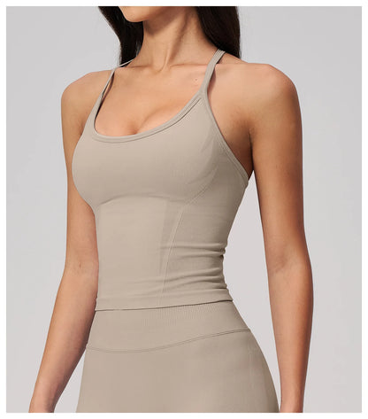 Summer New Yoga Vest Women Workout Crop Tops Cross Back Strap Fitness Bra Shockproof Sports Halter Workout Bra Push Up Yoga Vest
