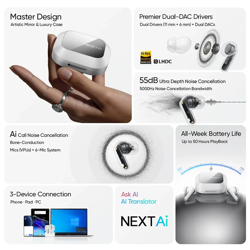 realme Buds Air 8 Pro trådlösa in-ear-hörlurar med ANC och laddningsfodral