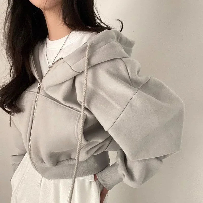 Zippered Long Sleeved Hooded Sweatshirt Loose Casual Simple Trendy Versatile Solid Color Fashionable Lazy Jacket Wholesale