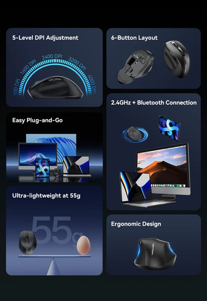 Vention Ergonomic Wireless Mouse Bluetooth 5.1 Dual-Mode USB 2.4G Mouse 4000 DPI 6 Buttons Mouse for PC MacBook Pro Tablet Mice