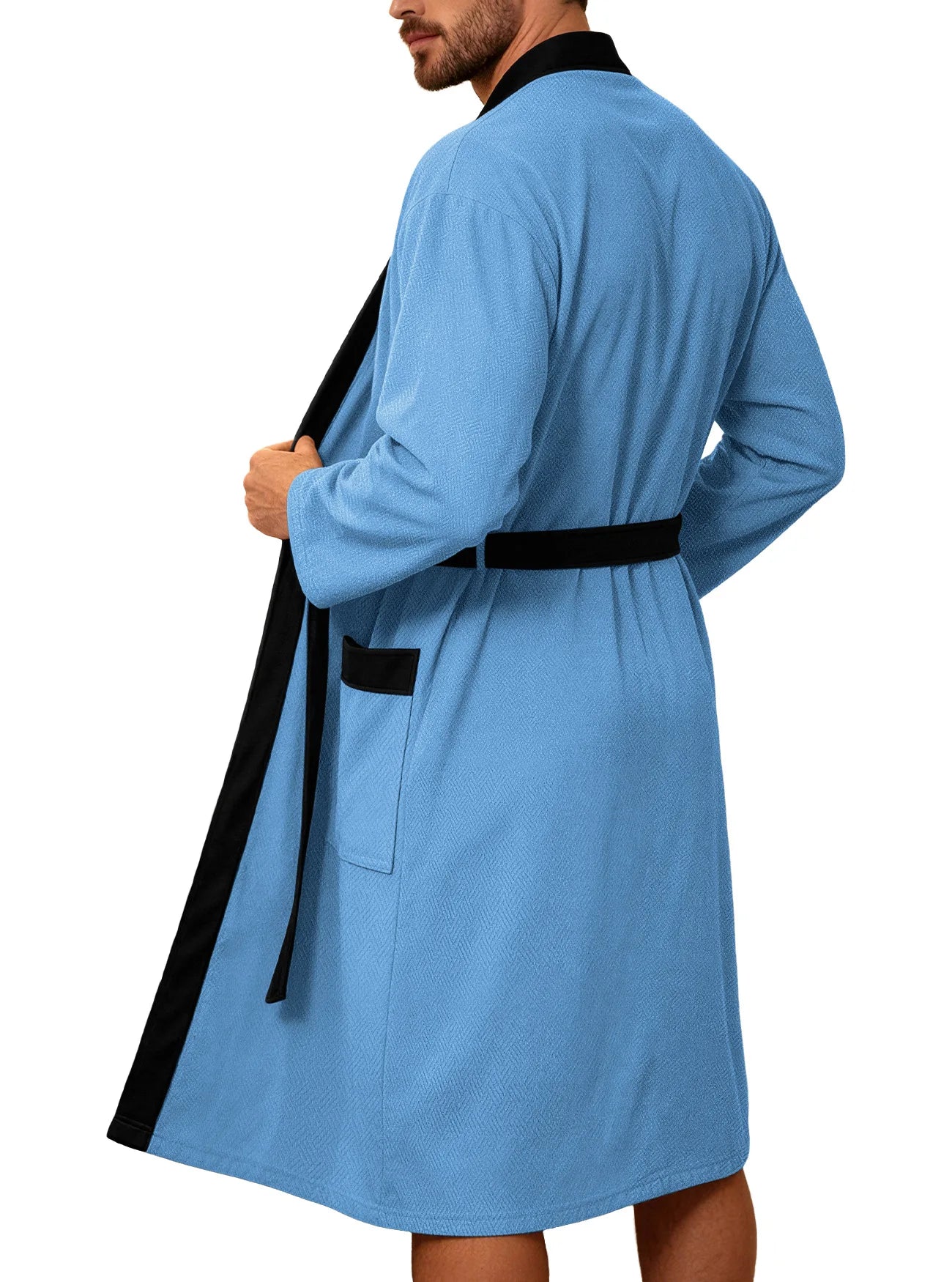 Men's Twill Fabric Long Bathrobe with Belt Design, Double Pockets, Casual Home Pajamas, Loose Fit, Hotel Resort Style, Nightwear