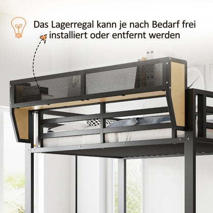 90×200cm & 140*200cm Metal High Bed, with Desk, Shelf and Storage Net, Complete with Safety Ladder, LED Lighting and Socket
