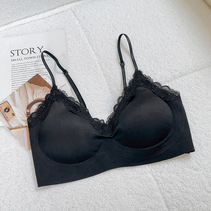French Lace Bra V Neck Seamless Bra Women's Adjustable Thin Strap Wireless Thin Cup Layering Base Intimates Lingerie Solid S-XL